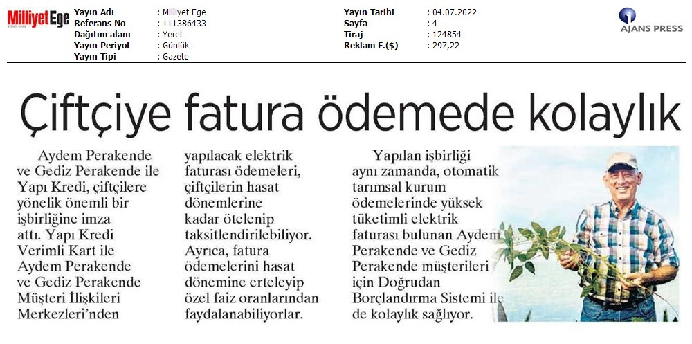 Aydem Perakende ve Gediz Perakende ile Yapı Kredi’den Çiftçilere Ödeme Kolaylığı Sağlayacak İş Birliği Aydem Perakende ve Gediz Perakende ile Yapı Kredi’den Çiftçilere Ödeme Kolaylığı Sağlayacak İş Birliği