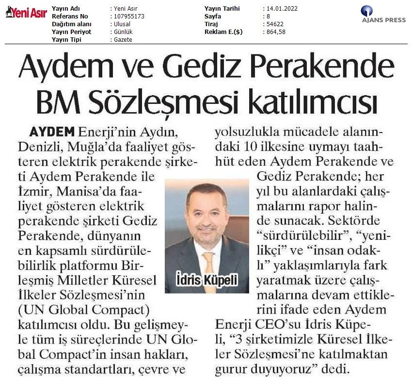 Aydem Perakende ve Gediz Perakende, Birleşmiş Milletler Küresel İlkeler Sözleşmesi katılımcısı oldu Aydem Perakende ve Gediz Perakende, Birleşmiş Milletler Küresel İlkeler Sözleşmesi katılımcısı oldu